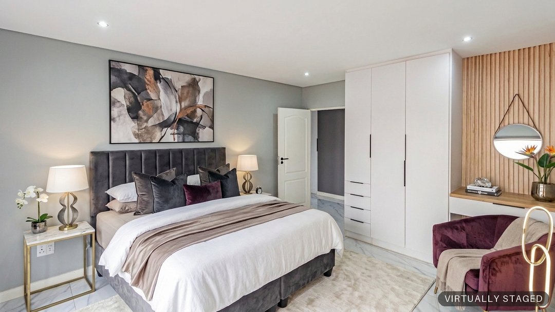 The same bedroom virtually staged around its slat wall and dressing nook by ProperPics