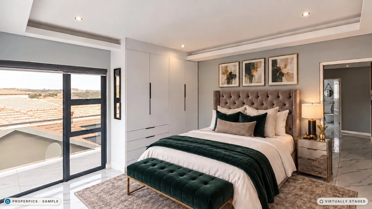 The same bedroom from the corner by the sliding door, virtually staged, with the same green velvet bench, three gold-framed prints and mirrored bedside table as the other angles, marked as virtually staged