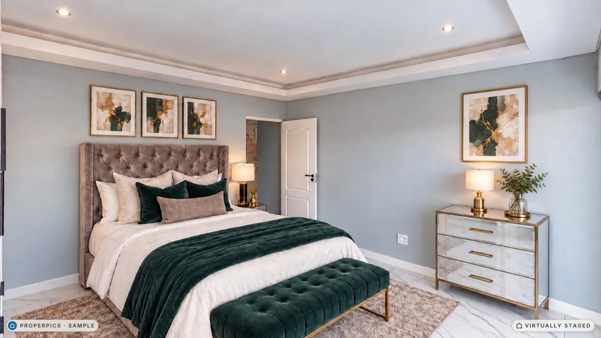 The same bedroom from the far side of the room, facing the bed, virtually staged, with the same green velvet bench, three gold-framed prints and mirrored bedside table as the other angles, marked as virtually staged