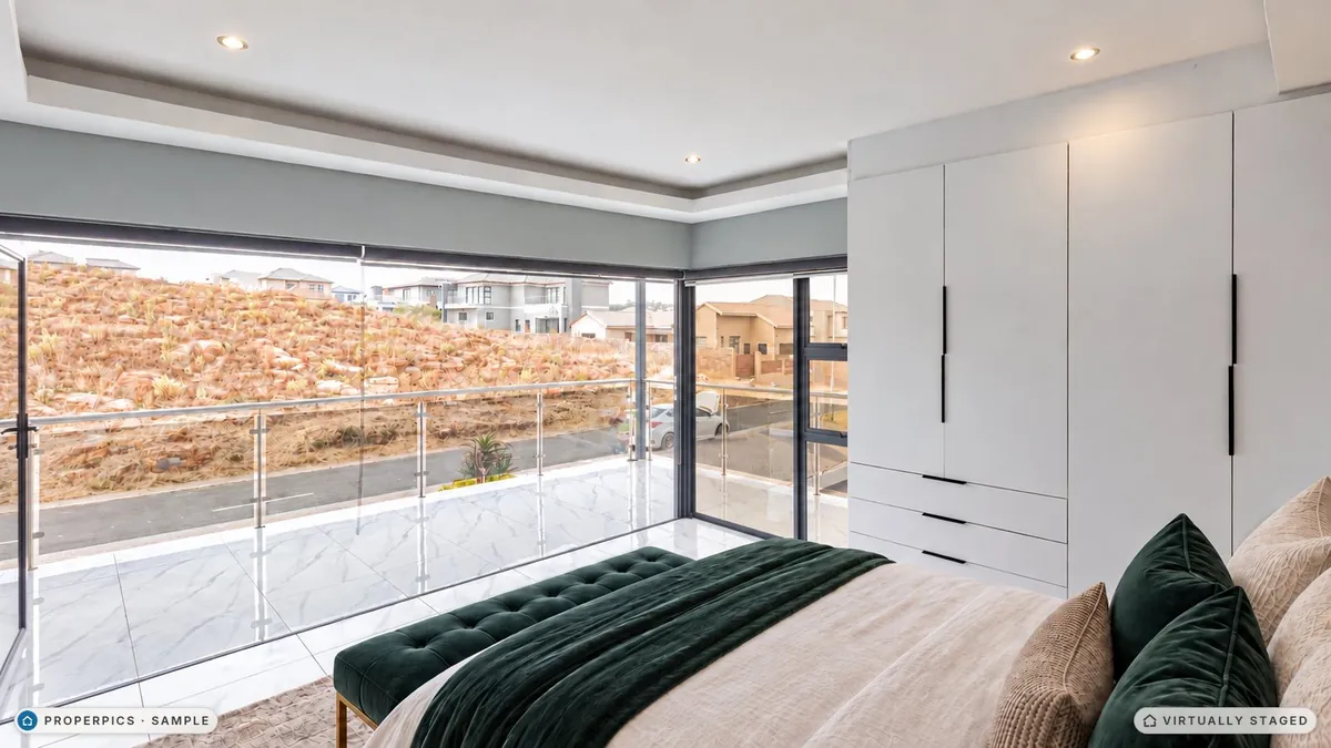 The same bedroom from beside the bed, looking out to the view, virtually staged, with the same green velvet bench as the other angles, marked as virtually staged