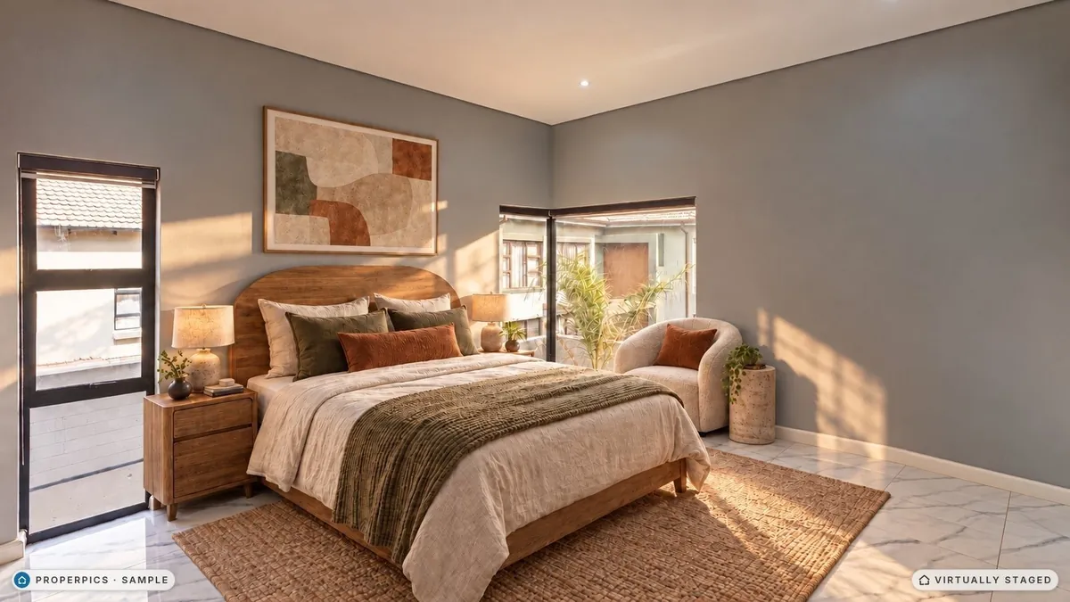 The same bedroom from the corner opposite the bed, virtually staged in golden-hour light, with the same abstract print, arched headboard and green knitted throw as the other angles, marked as virtually staged