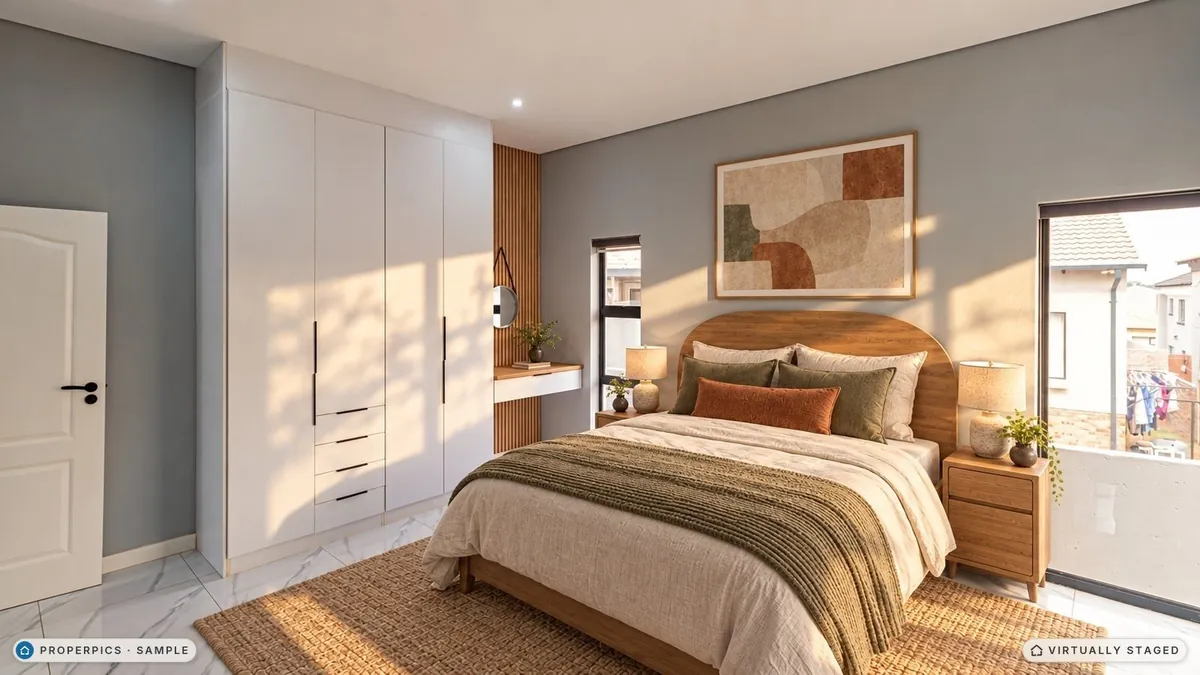 The same bedroom from the side of the room, facing the cupboards, virtually staged in golden-hour light, with the same abstract print, arched headboard and green knitted throw as the other angles, marked as virtually staged
