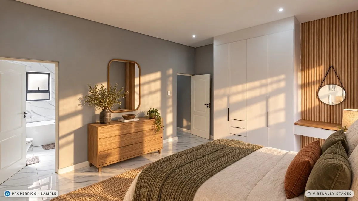 The same bedroom from beside the bed, facing the en-suite, virtually staged in golden-hour light, with the same green knitted throw as the other angles, marked as virtually staged