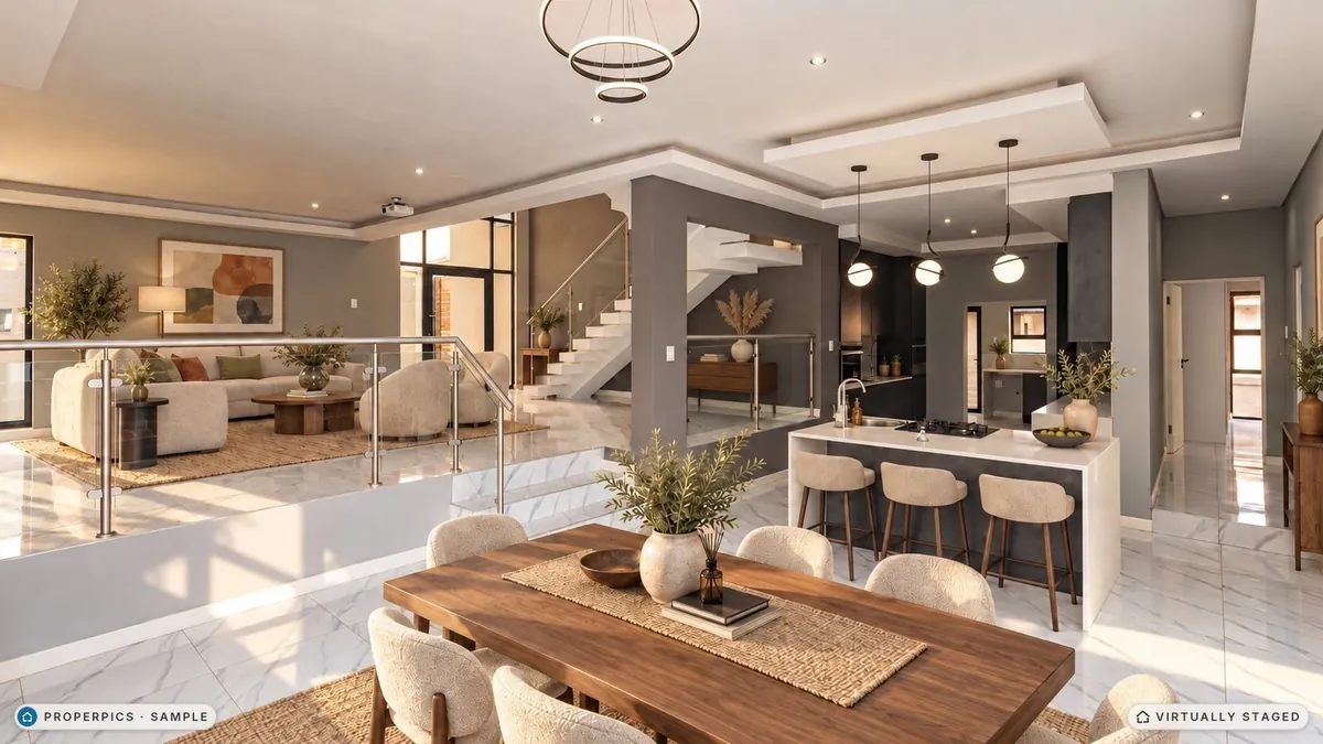 The same open-plan living area from the dining table, virtually staged in golden-hour light, with the same cream bar stools, walnut console and pampas and vase of olive branches as the other angles, marked as virtually staged