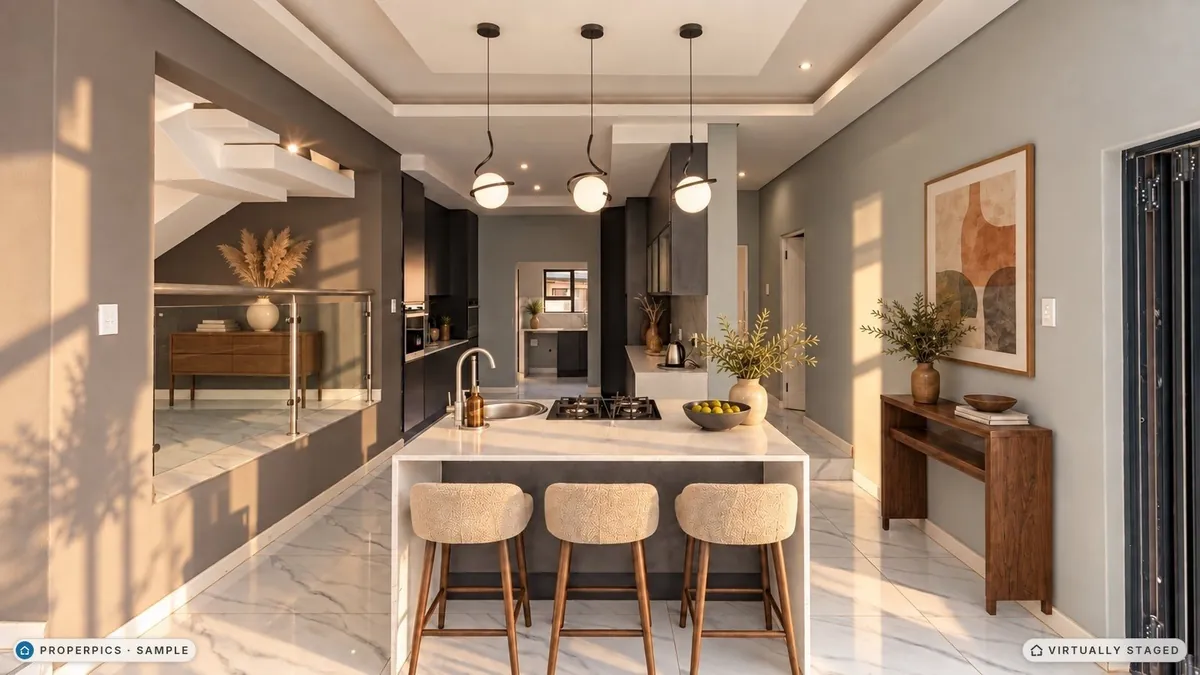 The same open-plan living area from the dining side of the island, virtually staged in golden-hour light, with the same cream bar stools, walnut console and pampas and vase of olive branches as the other angles, marked as virtually staged