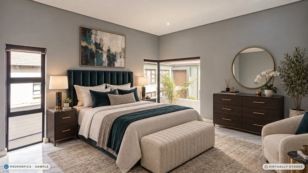 The same bedroom, virtually staged in the Luxury style