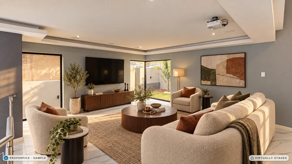 The same living room staged in golden-hour light, with warm sun patches and long shadows, marked as virtually staged