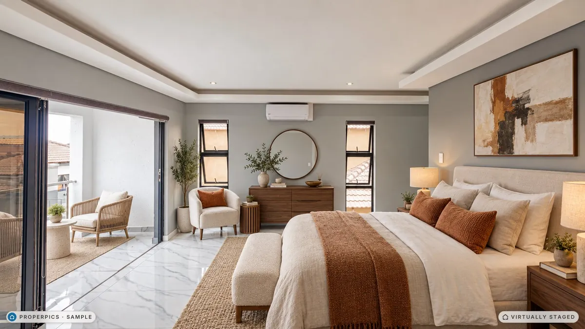 The same main bedroom virtually staged in the Warm organic style by ProperPics, marked as virtually staged