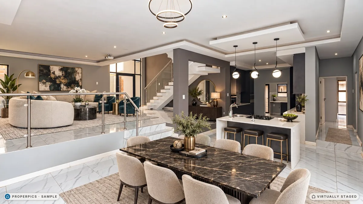 The same open-plan living and dining area virtually staged in the Luxury style by ProperPics, marked as virtually staged
