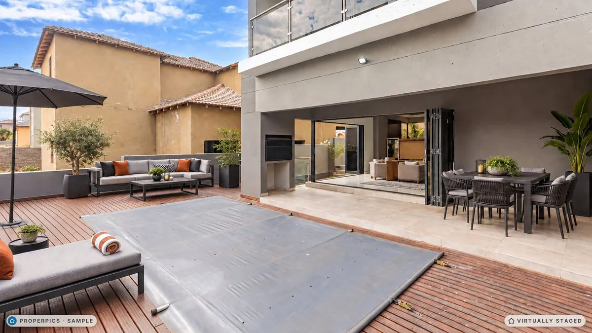 The same pool patio virtually staged in the Modern style by ProperPics, marked as virtually staged