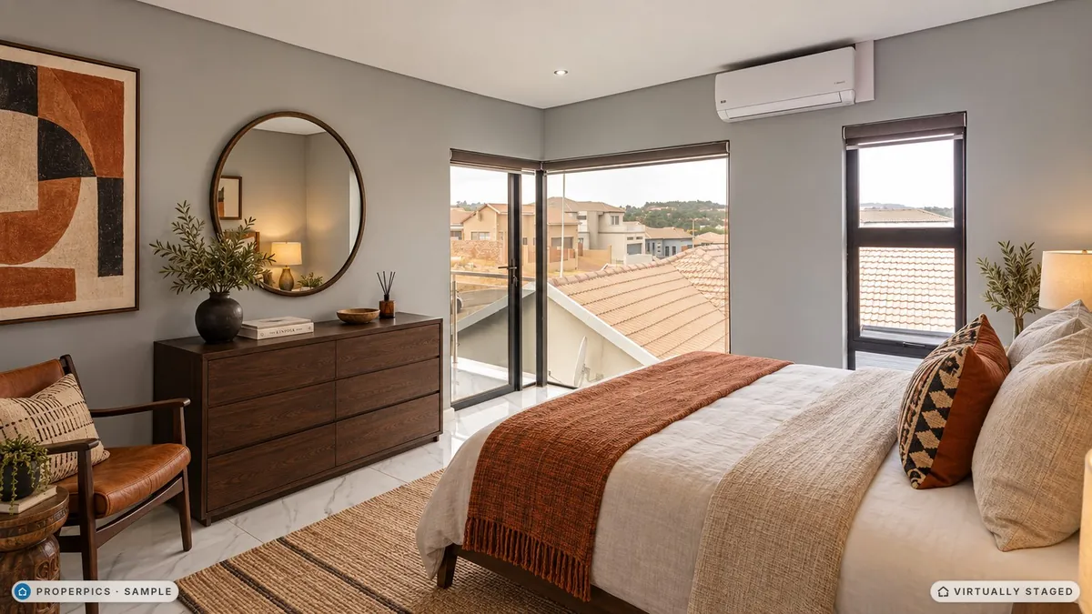 The same second bedroom virtually staged in the Afro-contemporary style by ProperPics, marked as virtually staged