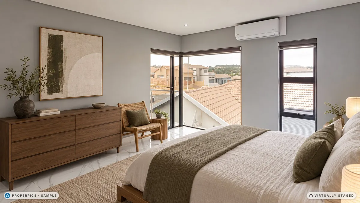The same second bedroom virtually staged in the Japandi style by ProperPics, marked as virtually staged