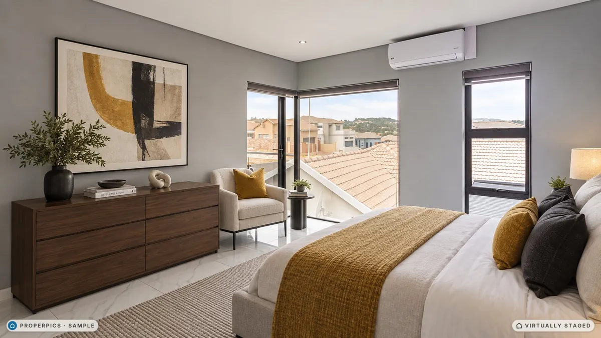 The same second bedroom virtually staged in the Modern style by ProperPics, marked as virtually staged