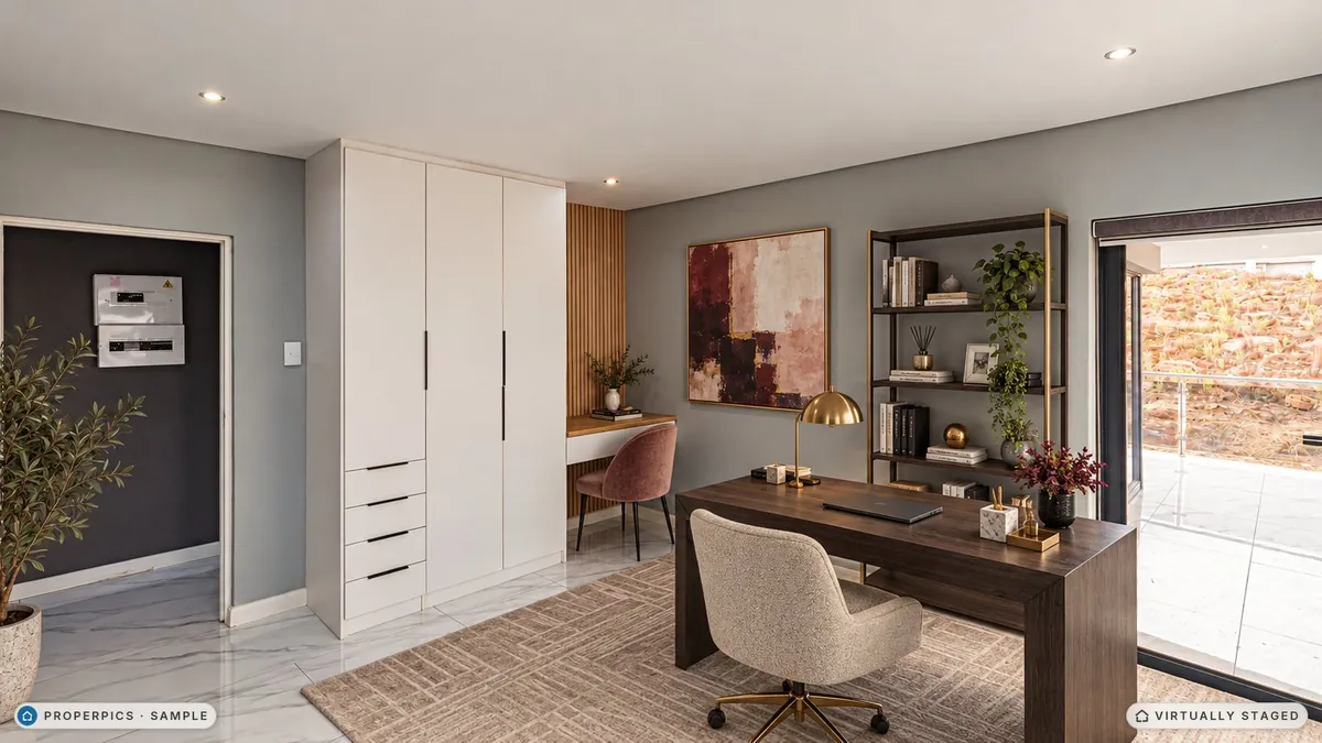 The same spare room virtually staged in the Luxury style by ProperPics, marked as virtually staged