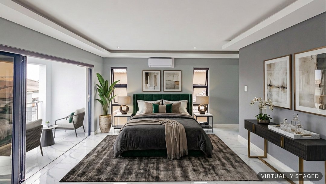 The same bedroom virtually staged with a deep-green double bed and reading corner by ProperPics