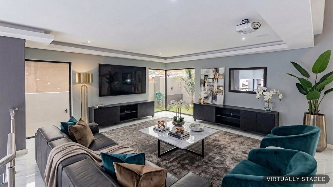 The same open-plan living area virtually staged by ProperPics, marked as virtually staged