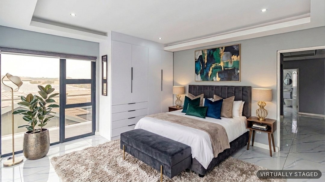 The same bedroom virtually staged with a dressed double bed and teal artwork by ProperPics